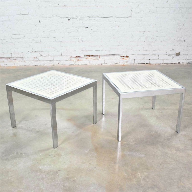 Pr Chrome & White Cane Square Side Tables Glass Top Mid Century Modern to Modern gallery