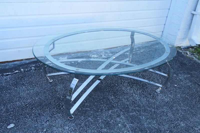 Hollywood Regency Mid Century Chrome Oval Glass Top Coffee 3514