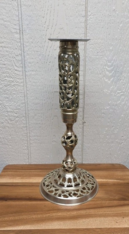 Vintage Reticulated Brass Filigree Table Base Hollywood Regency MCM 17 3/8 " gallery