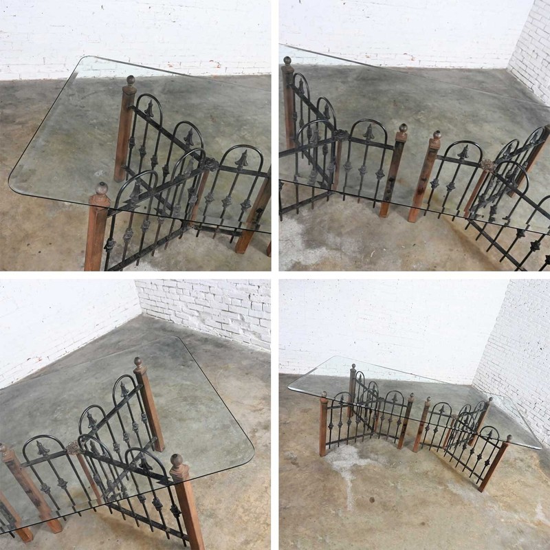 Antique Rustic Wrought Iron Fence Base Custom Dining Table & Beveled Glass Top gallery