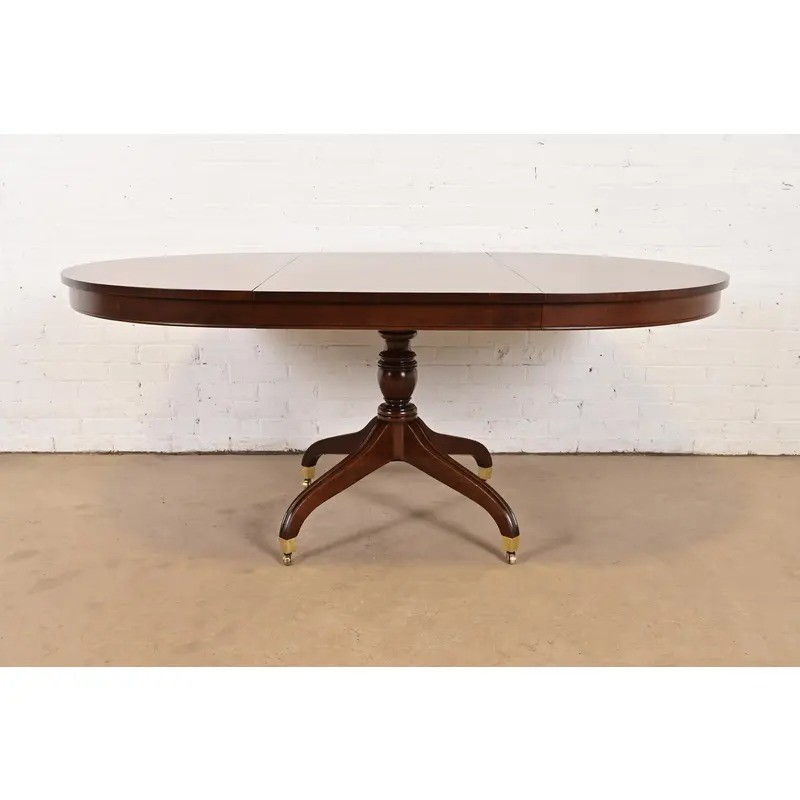 Baker Furniture Style Regency Banded Cherry Wood Pedestal Extension Dining Table gallery