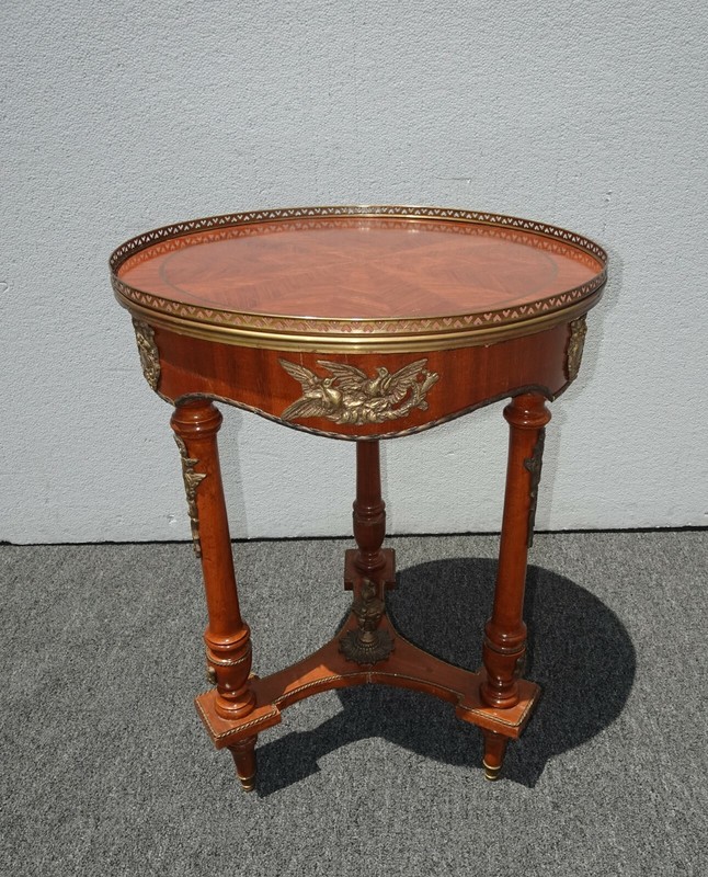 Vintage French Louis XVI Side Table w Brass Ormolu Marquetry Inlay Brass Fencing gallery