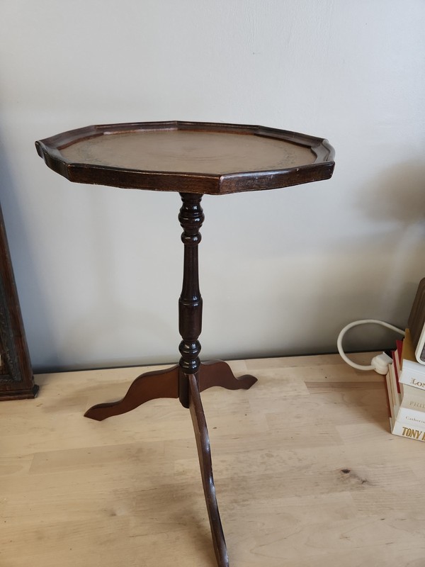 Vintage Pie Crust Round Side Table wine table petite leather embossed