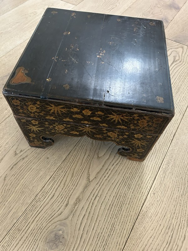 Antique Black Laquered Chinoiserie Low Table/Chest/Box Gold Floral Motifs Signed