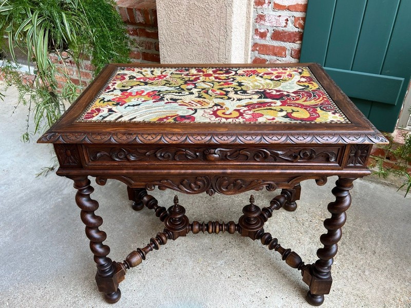 Antique French Sofa Table Writing Desk Barley Twist Carved Renaissance Tapestry gallery