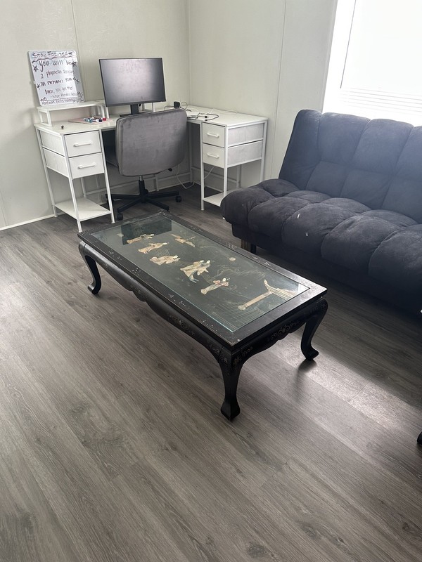 Vintage Black Lacquer Coffee Table - Mother of Pearl Inlay Hand-Painted Oriental gallery