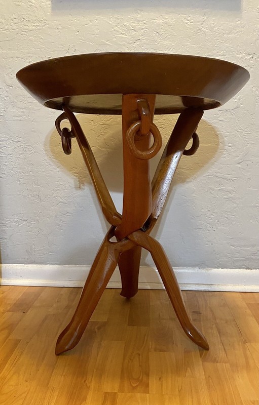 VTG RARE AFRICAN Tribal Hand Carved Tripod Folding Table Teak MID CENTURY MODERN