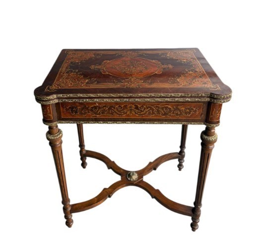 19th-Century French Louis XVI-Style Marquetry Game Table with Brass Ormolu Trim