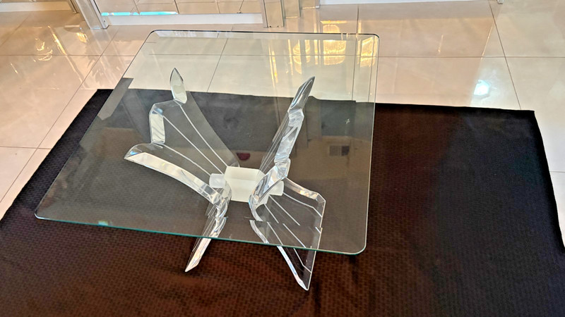 LUCITE FROM REFINED FURNISHINGS BUTTERFLY WING GLASS TABLES - 2 PCS