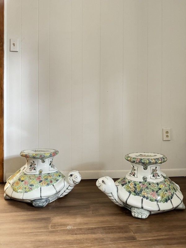 RARE! Set Of 2 MCM Hollywood Regency, Hand Painted Turtle Garden Tables gallery