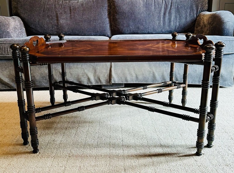 Vintage Mahogany Butler Serving Tray Cocktail Table 36″ Faux Bamboo Base gallery