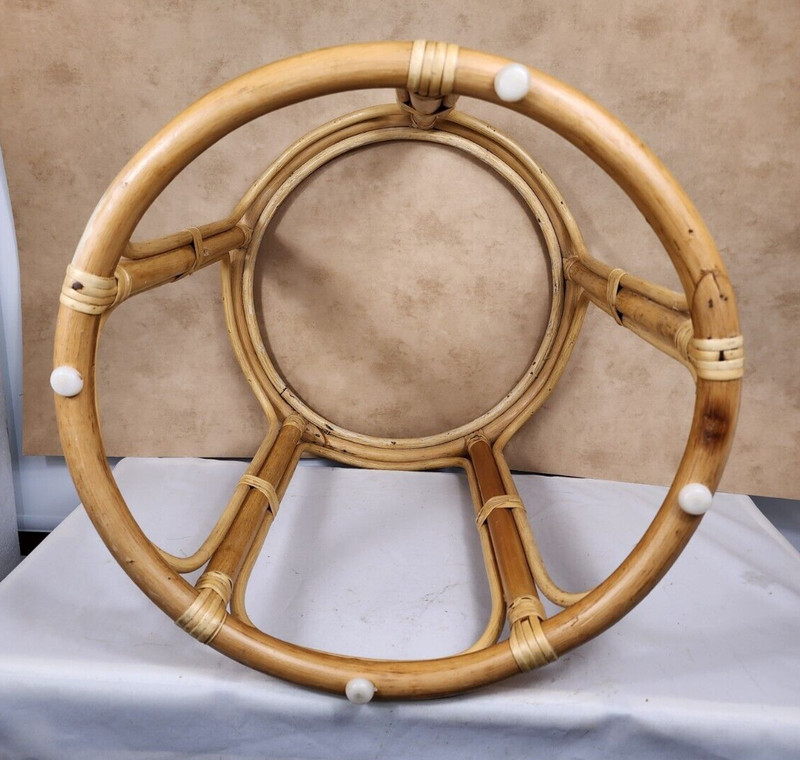 Vintage Rattan Bamboo Round Side End Table Glass Top MCM Tiki Boho Drum gallery