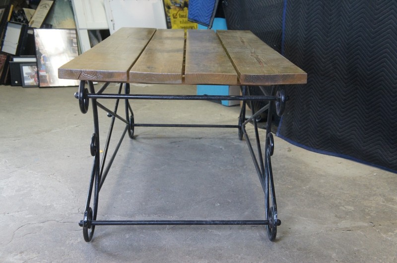 Vintage Neoclassical Directoire Scrolled Iron Outdoor Plank Top Dining Table 72" gallery