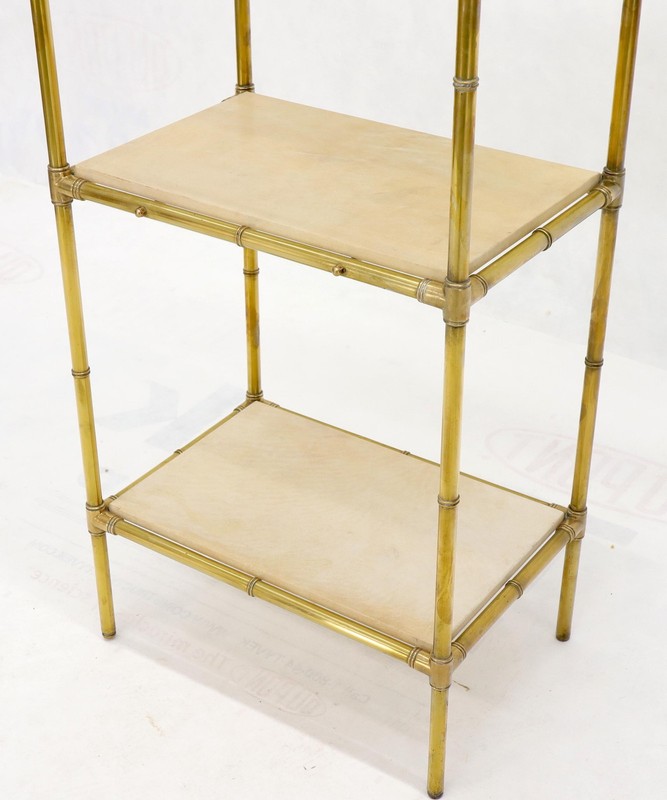Pair Solid Brass Faux Bamboo Arch Shape Top Goat Skin Parchment Shelves Etageres gallery