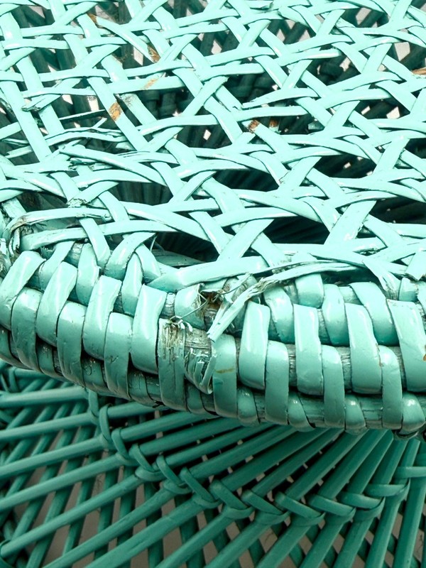 Vtg Turquoise Table Plant Stand Ottoman Stool Cane Rattan Wicker Woven Boho gallery