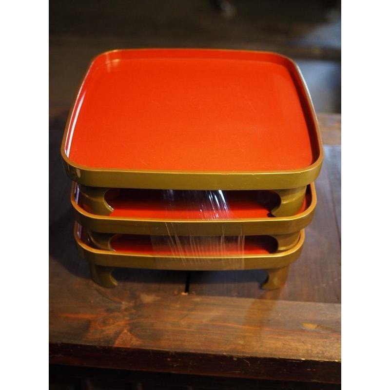 Set of 3 Wajima Lacquer Trays Gold Rim Japan Used 15cm (5.9in)