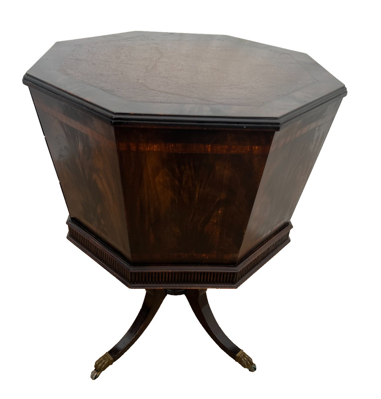 Antique Victorian Table Three Drawers Banded Mahogany Octagon Casters gallery