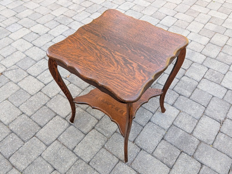 Antique Quarter Sawn Tiger Oak Parlor Table, Curved Legs, Carved Edges gallery