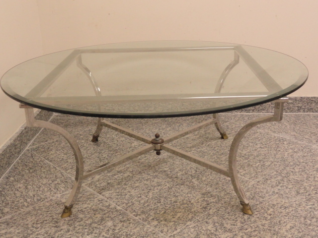 Vintage 70s Maison Jansen Style Chrome Brass Glass Top Coffee Table w/ Hoof Legs gallery