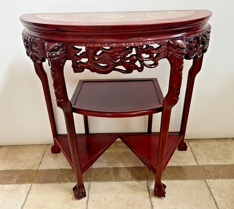Vintage Demilune Console Table Three lower shelves carved claw feet Etagere gallery
