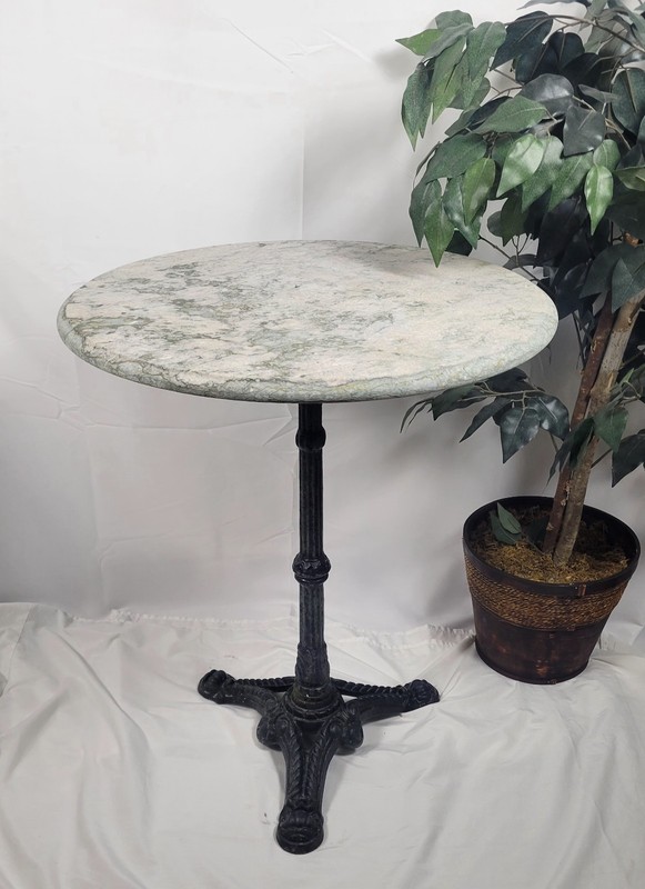 Marble Bistro Table, Cast Iron Pedestal Base, Pink Marble Top, Ice Cream Parlor