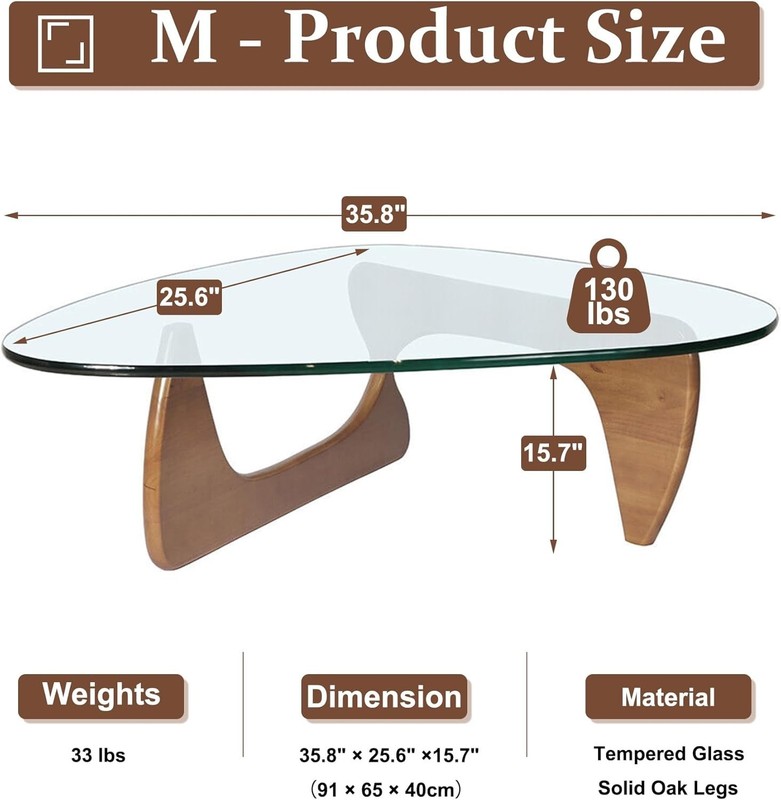 Stylish Triangular Coffee Table in Clear Glass with Walnut Base - 220lb Capacity gallery