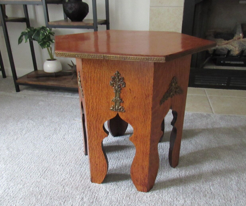 Antique Arts and Crafts Style Oak Tabouret Side Table w/ Metal Decoration & Edge