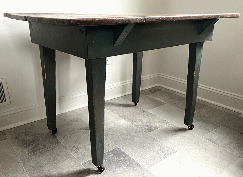 ANTIQUE 19TH C. AMERICAN PRIMITIVE FARM WORK TABLE SCRUB TOP OLD BLUE PAINT PINE