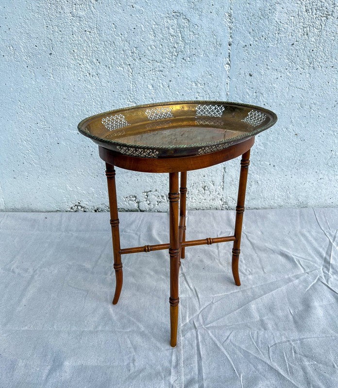 Table Maitland Smith Wood Bamboo Design with Brass Tray Vintage Side Table