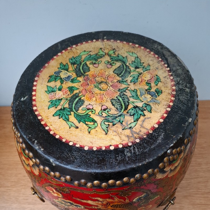Vintage Antique Style Tibetan Ceremonial Drum Table Handpainted Dragon Wood gallery