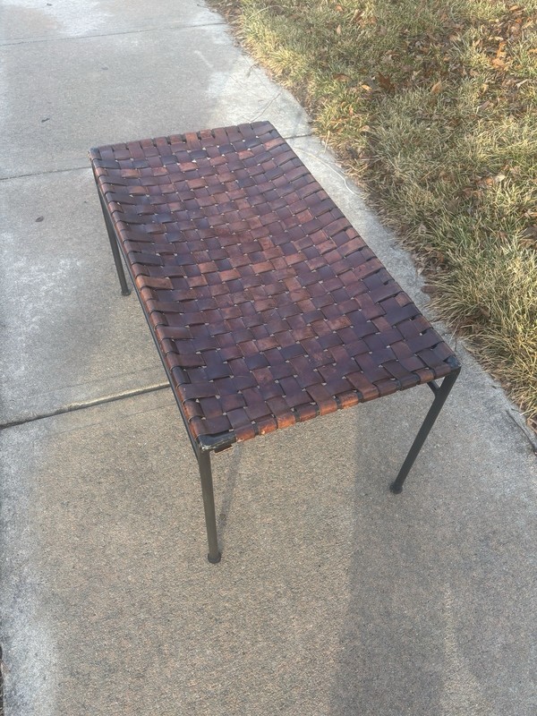 Vintage Woven Leather Coffee Table Bench In Style of Swift and Monell