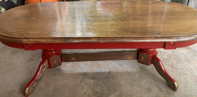 Table Antique Oval Coffee Table Wood Red Accents Engraved Top Rustic Farmhouse
