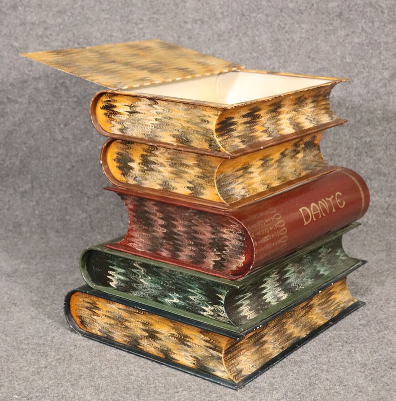 Italian Painted Tole Metal End Table Styled after Historic Literature Books