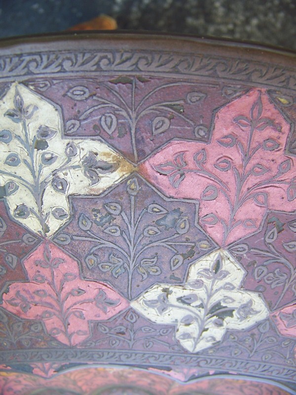 Antique Moorish or Indian Folding Round Copper & Wood Etched Tray Side Table gallery