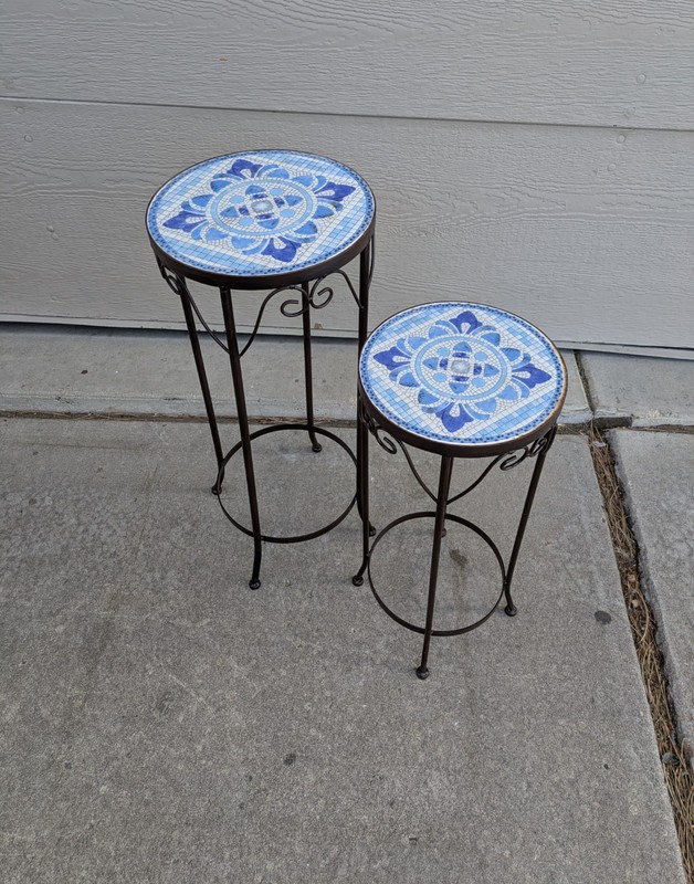 Vintage Set of 2 Blue Mosaic Tile Top Pedestal Tables Plant Stand Wrought Iron