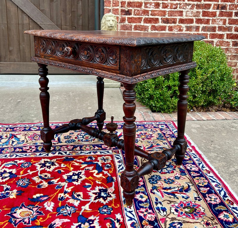 Antique French Desk Writing Table Nightstand PETITE Drawer Carved Oak c. 1900 gallery