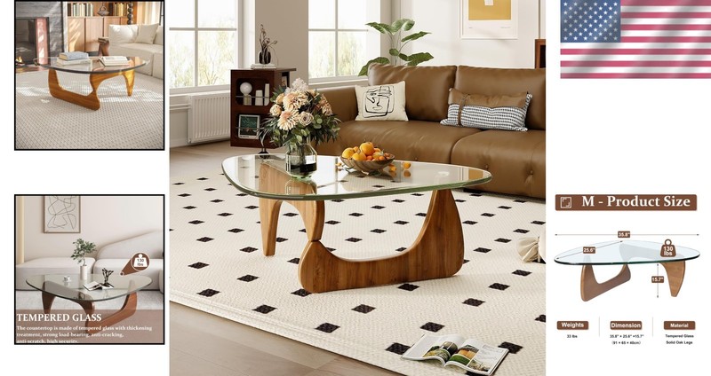 Stylish Triangular Coffee Table in Clear Glass with Walnut Base - 220lb Capacity gallery