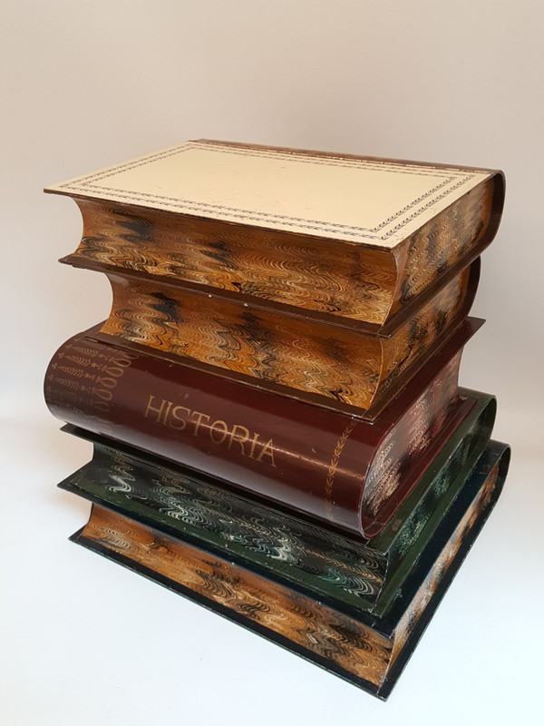 Vintage 50s Italian Tole faux book stack side table metal 19" tall gallery