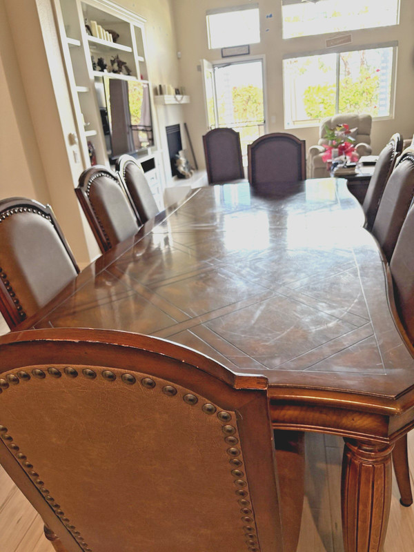Large, Heavy Mahogany Colored Dining Table w/2 Leaves -10 Chairs