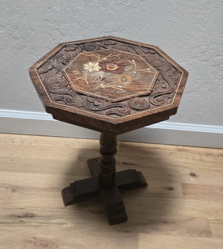 Antique Carved Wood Side Table Floral Marquetry Inlay Design 15″