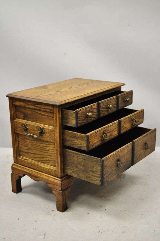Vintage English Colonial Oak Wood Small Campaign Chest Nightstand Side Table gallery