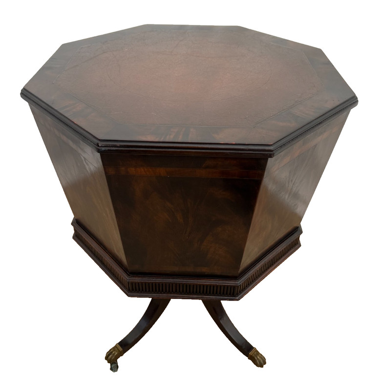 Antique Victorian Table Three Drawers Banded Mahogany Octagon Casters gallery