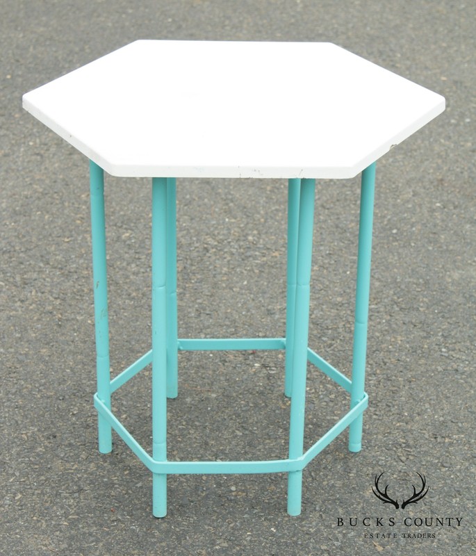 Mid Century Modern Teal Painted Base Hexagon Top Patio Side Table gallery