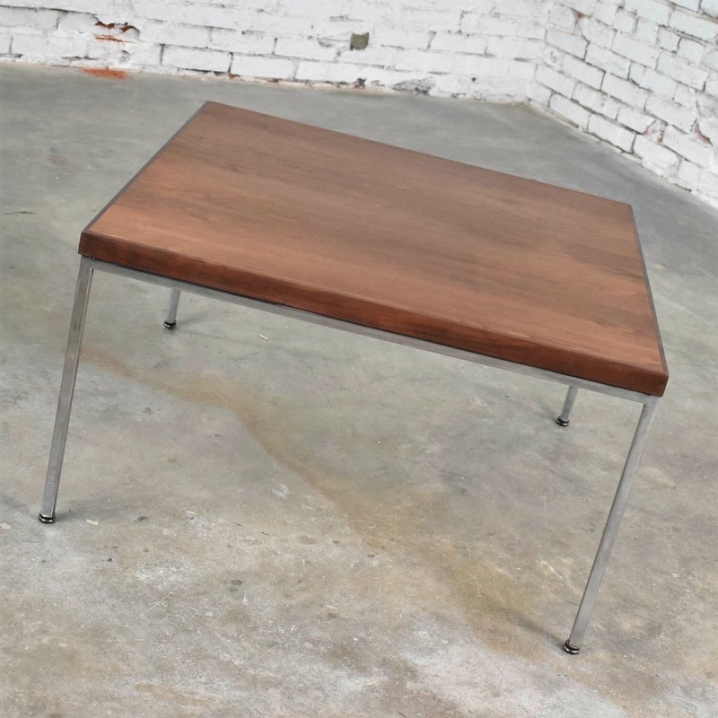 Mid Century Modern Chrome & Walnut End or Coffee Table After Florence Knoll gallery