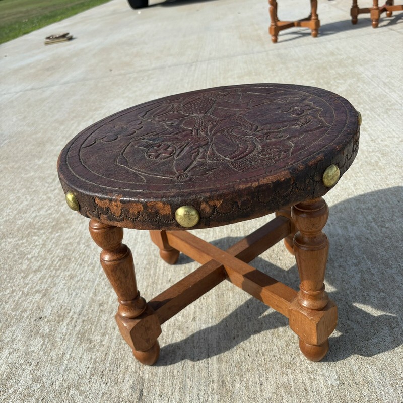 Peruvian Hand Tooled Punched Leather South American Wooden Stool Vintage gallery