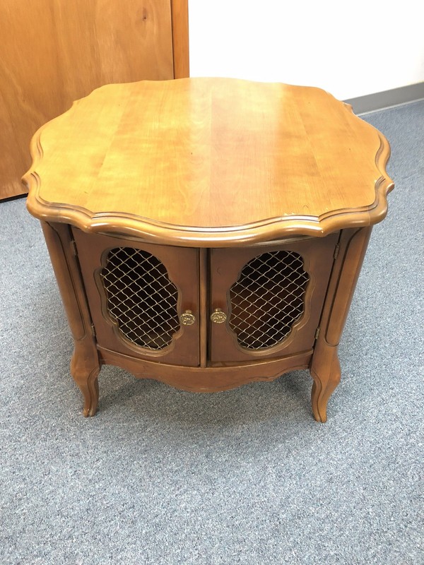 vintage French Provencial Drum Table w 2 Screened Window Doors & Scalloped Edge