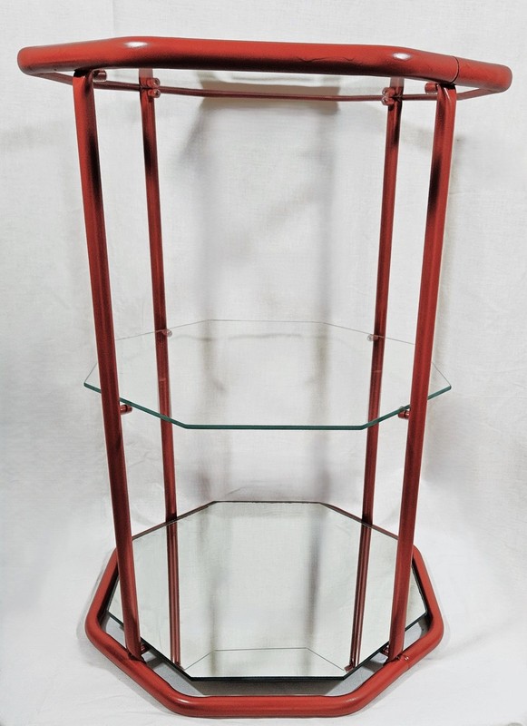 Fully Restored Brick Red Brass Glass Mirror 3 Tier Etagere Shelf Unit C. 1960s gallery