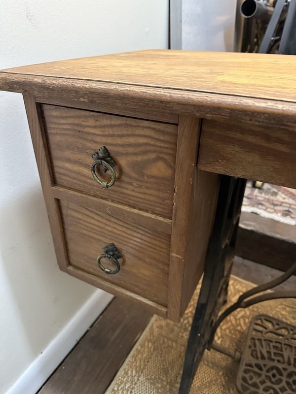 Vintage New Home Treadle Sewing Machine Desk Solid Wood Cast Iron Base gallery