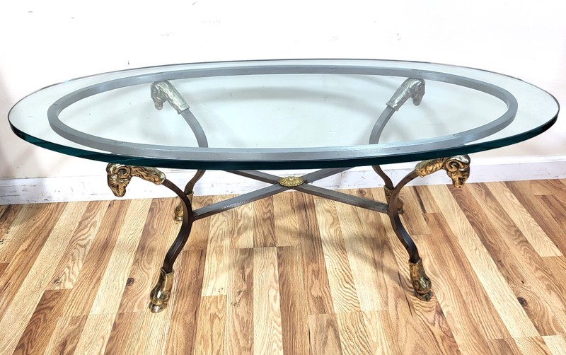 Vintage ITALIAN 20th C Mid-Century MODERN Steel & Brass RAM Head COFFEE TABLE