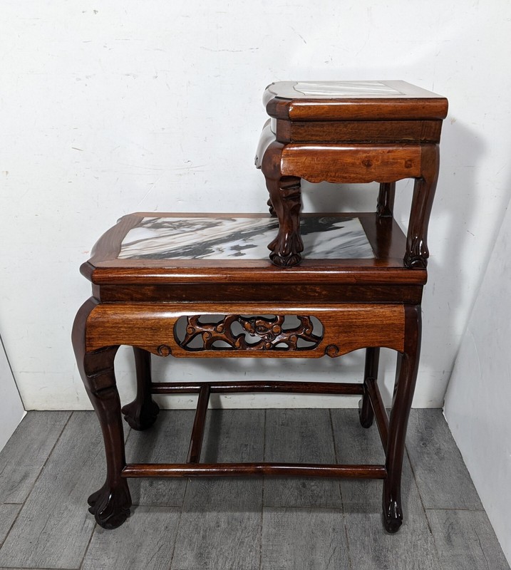 Vintage Asian Chinese Hand Carved Rosewood Marble 2-Tier Table Claw & Ball Feet gallery
